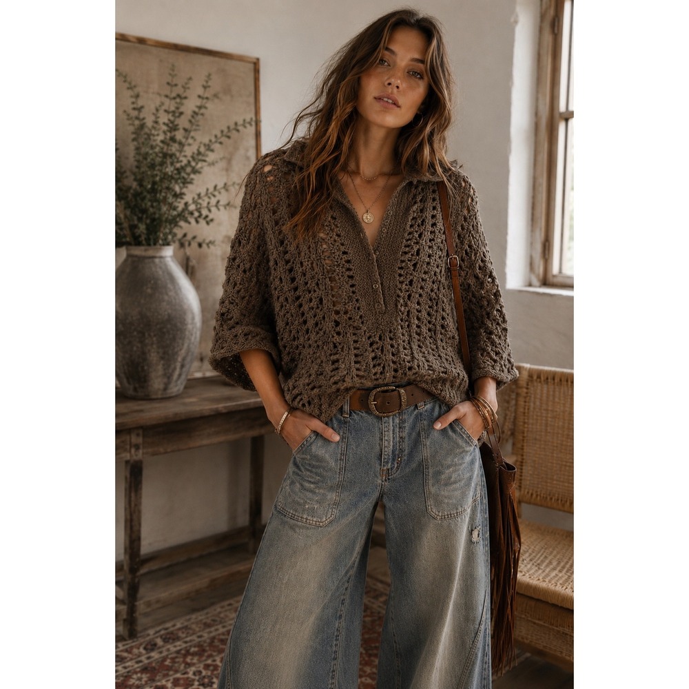 Free People Brown Open Knit Crochet Hooded Henley Dolman Sweater Small